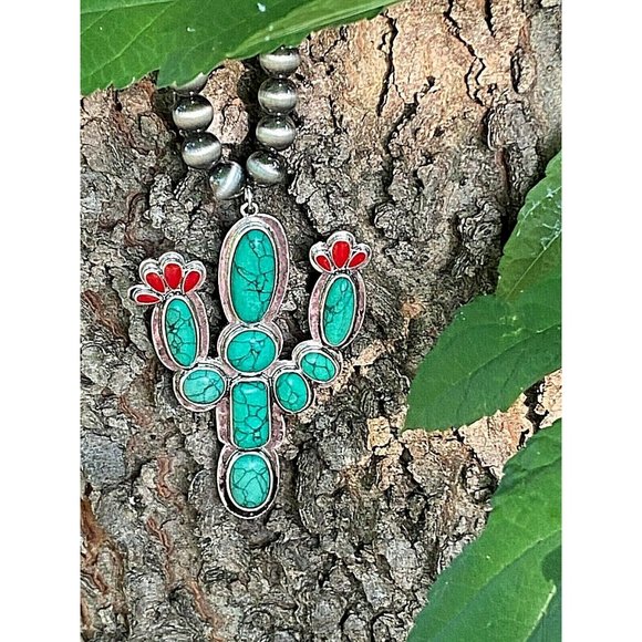 ICON COLLECTION Jewelry - Summer Western southwest Saguaro Cactus Green Turquoise Flowers Pendant new